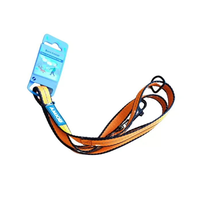 Variedad de correas de paseo para perros marca Buen Amigo en colores rojo, naranja, azul.
