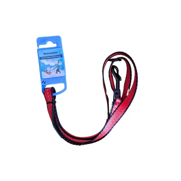 Variedad de correas de paseo para perros marca Buen Amigo en colores rojo, naranja, azul.
