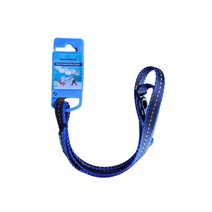 Variedad de correas de paseo para perros marca Buen Amigo en colores rojo, naranja, azul.