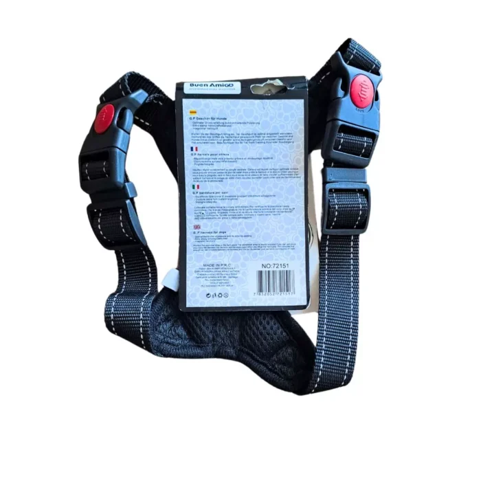 Arnes-negro-XS-para-perro Arnés de paseo para perro talla XS en color negro con correas ajustables marca Buen Amigo.