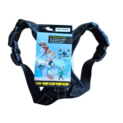 Arnés de paseo para perro talla XS en color negro con correas ajustables marca Buen Amigo.