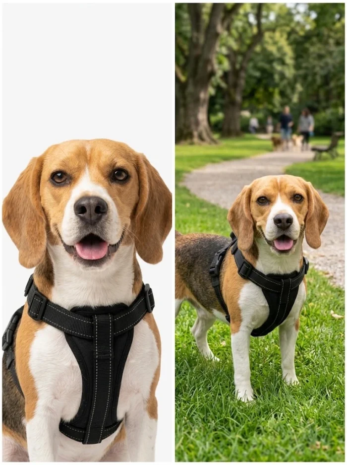 Arnes-negro-XS-para-perro Arnés de paseo para perro talla XS en color negro con correas ajustables marca Buen Amigo.