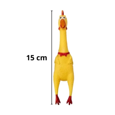 Juguete pollo chillón de goma color amarillo de 15 cm para perros con indicador de medida