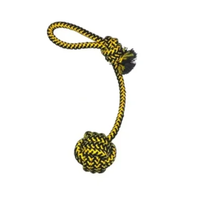 Juguete de cuerda trenzada para perros con pelota de nudo y asa de agarre.