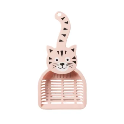 Pala sanitaria rosa para arena de gato de 27 cm con cara de gatito y mango en forma de cola.