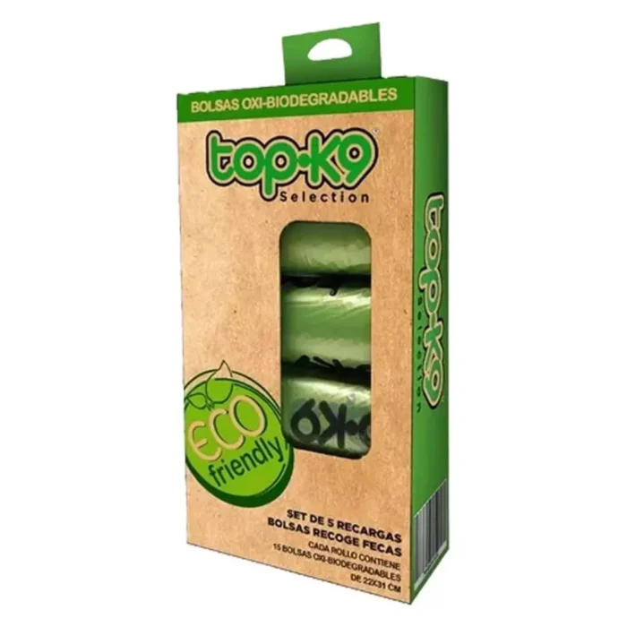 Caja de bolsas sanitarias oxi-biodegradables TopK9 eco friendly pack de 5 rollos para recoger fecas de mascotas.
